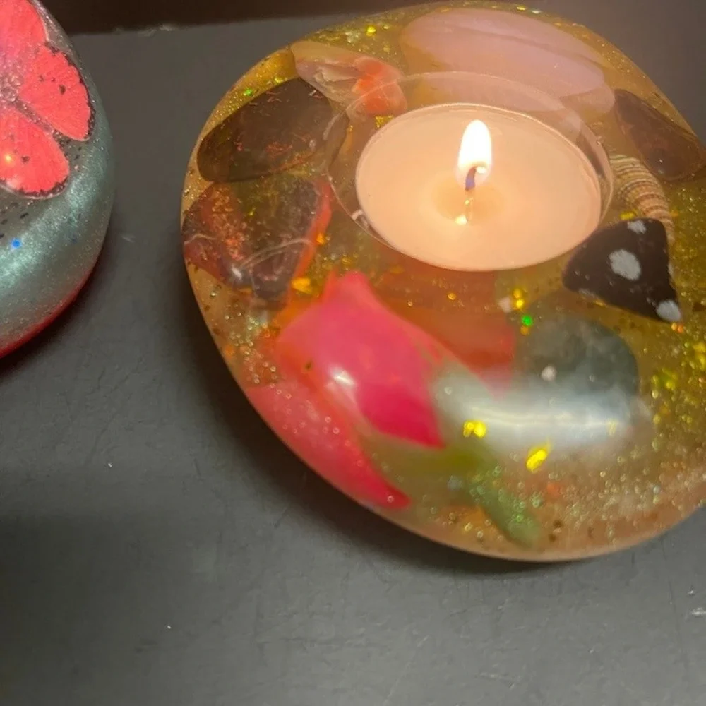 Two Handcrafted Tea Light Candle Holders‎ Butterflies Flowers Shells